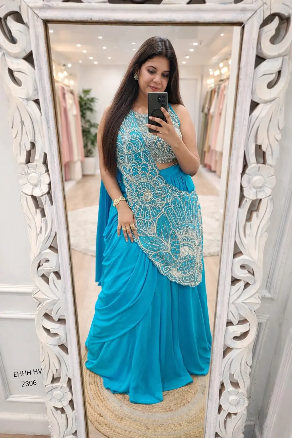 Bebo Blue Leafy Drape Pre-draped Indo-Western Rangoli Silk Lehenga Set